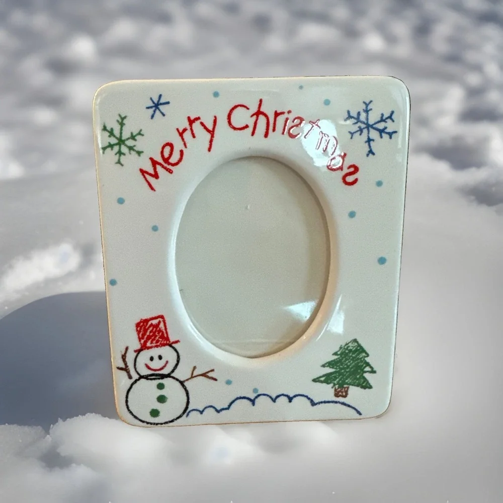 Vtg 90s  Russ Merry  Christmas Holiday Photo Frame Crayon Kid Childish Snowman
